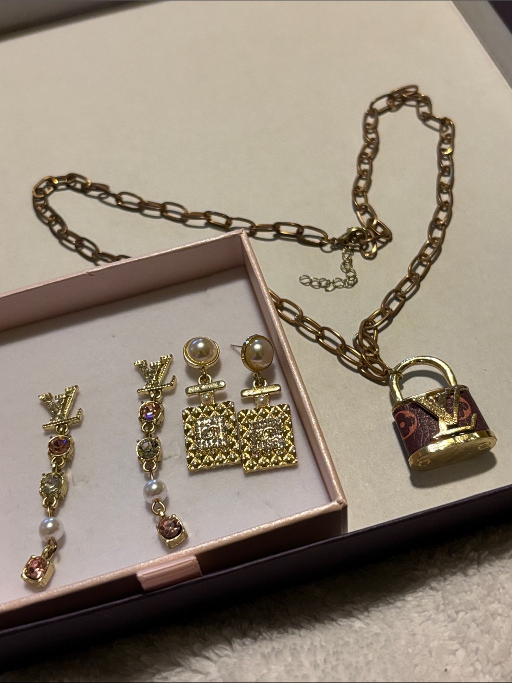 Gold-Tone Padlock Necklace and 2 Earring Set - Pink Accents